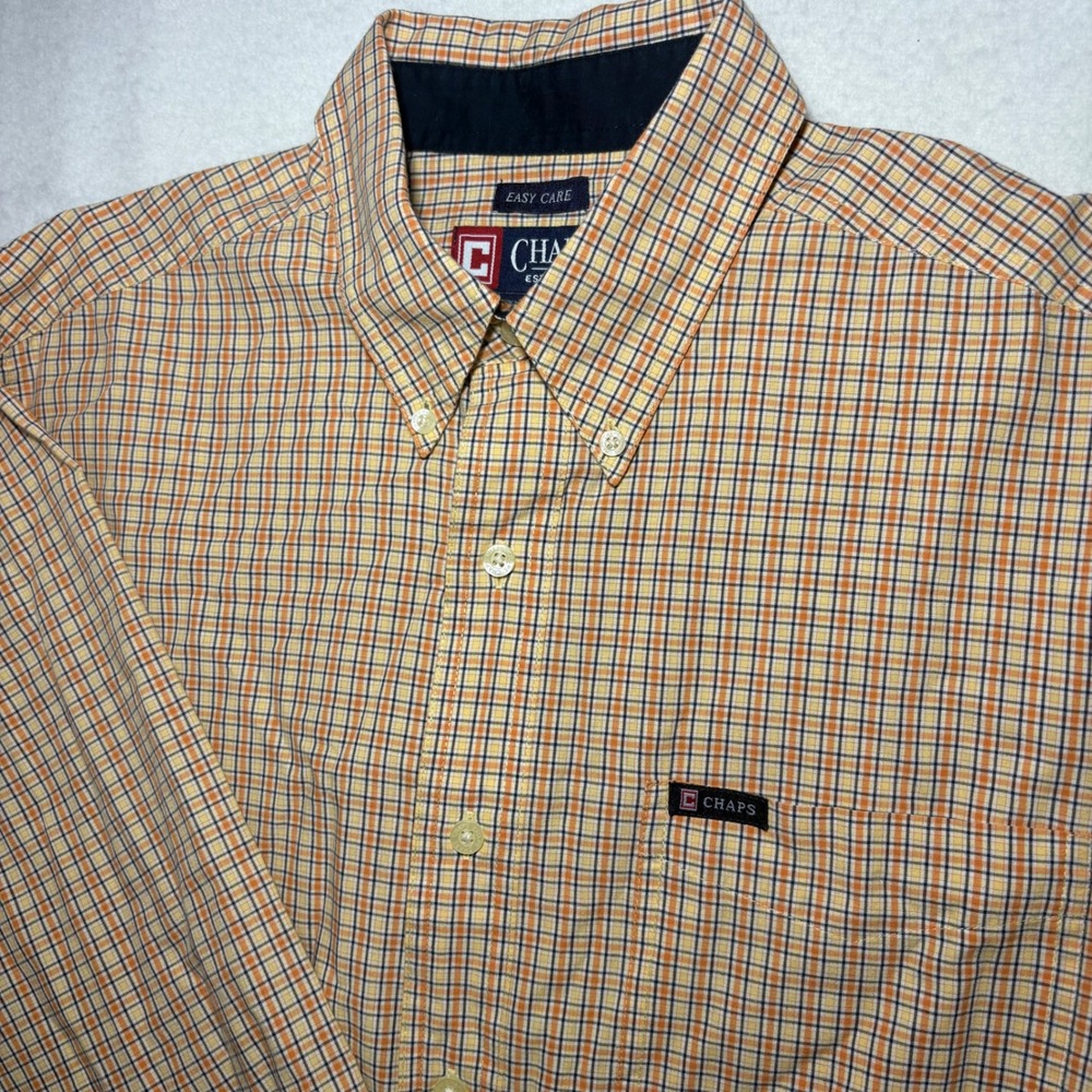 Chaps Mens Easy Care Plaid‎ Button Down Shirt Orange Blue Tan Size M